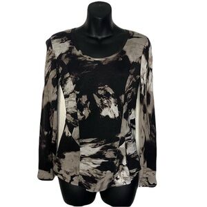 Simply Vera Vera Wang Abstract Black and Gray Scoop Neck Long Sleeve Fitted Top